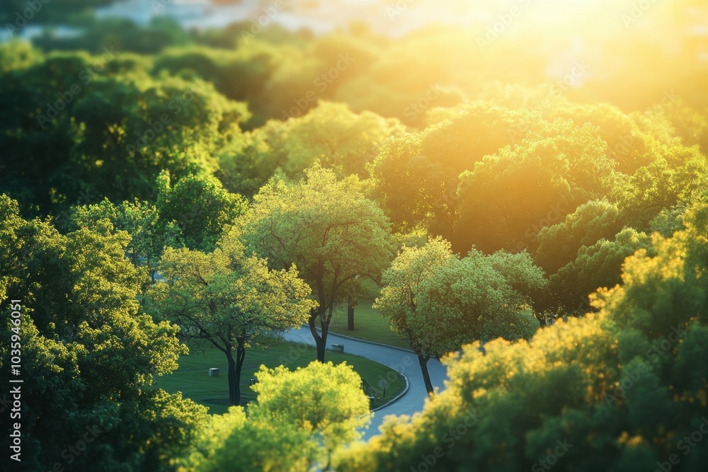 Poster beautiful blurred background of natural greenery and trees in the park on a sunny day with a bokeh e