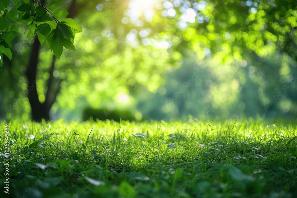 Poster beautiful, blurred background of natural greenery and trees in the park on a sunny day spring or sum