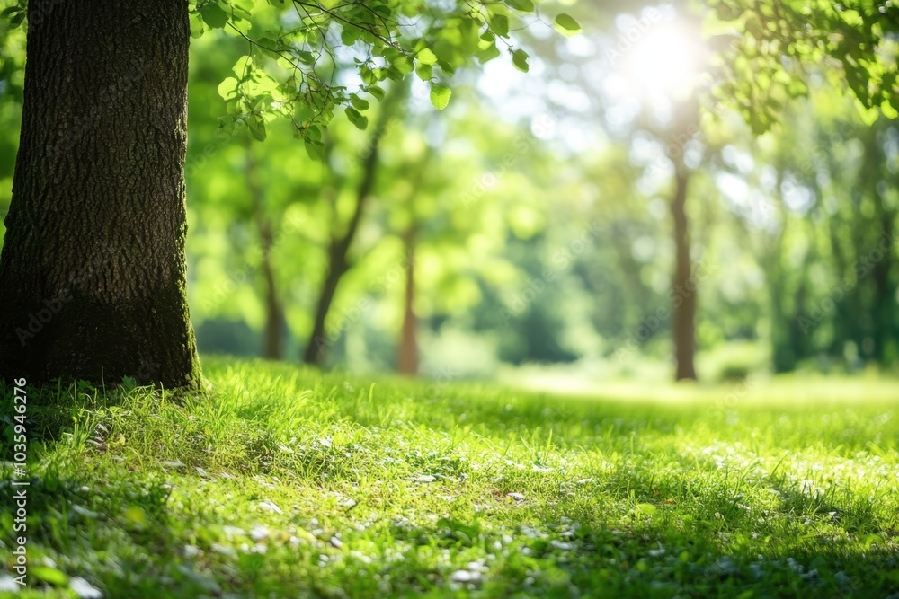 Poster beautiful blurred background of natural greenery and trees in the park on a sunny day with a bokeh e