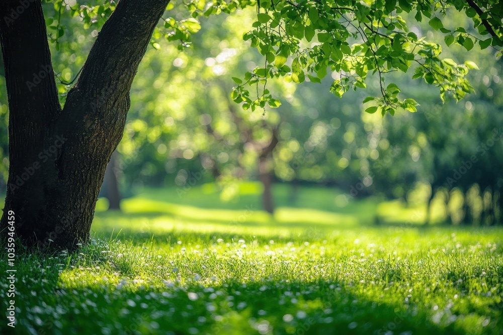 Poster beautiful, blurred background of natural greenery and trees in the park on a sunny day spring or sum