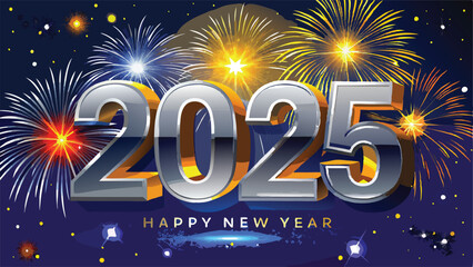 Happy New Year 2025 Shimmering Silver Text with Vibrant Fireworks and Golden Lights Background Vector