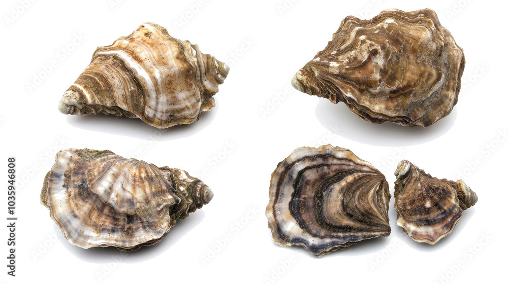 Poster varied collection of natural oyster shells on a transparent background generative ai
