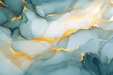 Naklejka premium Graceful liquid abstract art inspired by alcohol ink processes. Delicate and dreamy background design showcasing a mixture of colors that create see-through waves with glittering gold accents