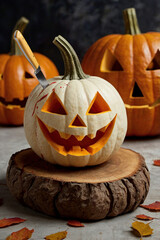 A carved white pumpkin with a knife stuck in it, displaying a wide grin and sharp teeth, lies on a stump. In the background, there are two orange pumpkins carved with classic jack-o'-lantern faces.