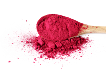 Dried beet root powder in wooden spoon isolated on white background