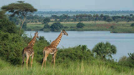 Fototapeta premium Giraffes gracefully forage within the untamed expanse of Murchison Falls National Park, Uganda. 