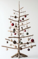 Minimalist Christmas Tree with Wooden Sticks and Decorations on White Background