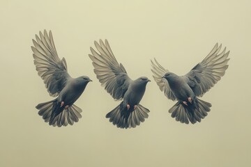 Birds fly in the sky.