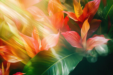 abstract glitch background with tropical flowers