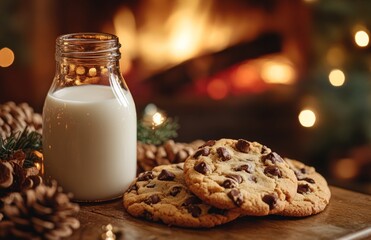 Milk and cookies on table by fireplace, Christmas decorations