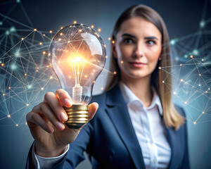A businesswoman in a suit holds a glowing light bulb, symbolizing innovation, creativity, and new ideas in business, with a digital network in the background.