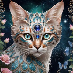 Portrait of a fabulous beautiful white cat, fur adorned with jewels.