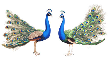 Obraz premium Two Colorful Peacocks Showing Their Feathers Generative AI