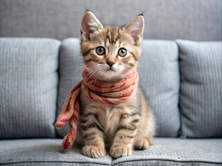 Obraz premium A cute little British kitten with a warm scarf around its neck, sitting on a gray sofa in close-up