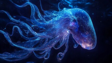 Beautiful, transparent octopus with long tentacles in the dark water.

