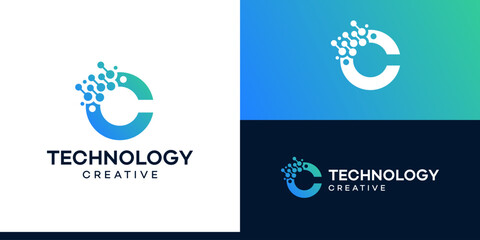 Letter C with technology models. Logo design initial C for symbol tech, internet, system, Artificial Intelligence, Blockchain, molecule and system graphic symbol icon vector.