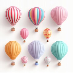 Obraz premium Colorful hot air balloons, travel element, bright palette, isolated on white background