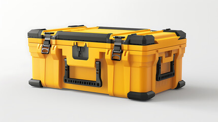 Fototapeta premium Yellow toolbox with black handles and clasps.