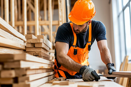 employee stacking construction materials, modern storage facility,