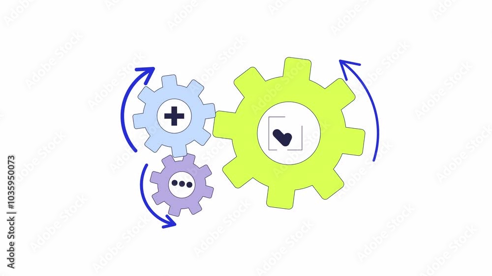 Poster business gears rotating 2d object animation. cogs process automation cartoon 4k video, alpha channel