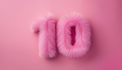 Fototapeta premium Pink fur number 10 ten. 3D rendering. Fluffy font for kids education. Creative typographic element.