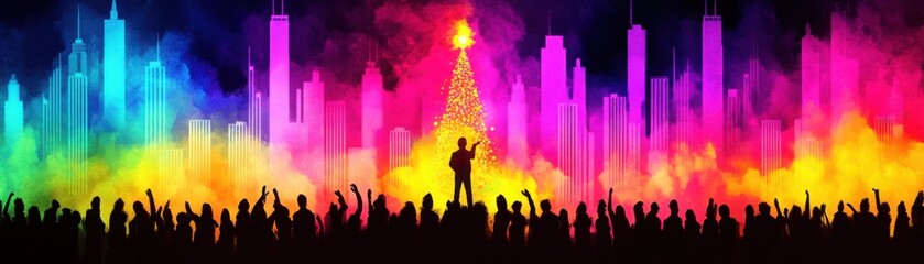 Vibrant Watercolor City Square Celebration Scene