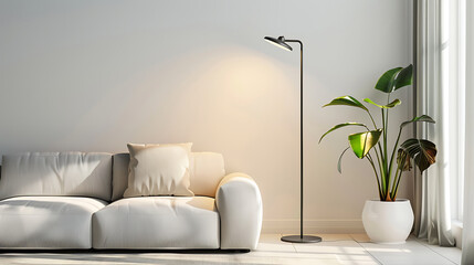 Modern living room with a white couch, floor lamp, and potted plant.