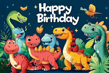 Naklejka premium A lively display of cartoon dinosaurs wishing a happy birthday on a bright blue canvas.