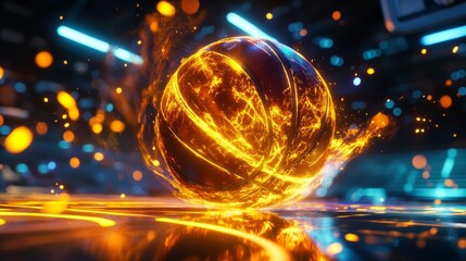 Glowing basketball ball burning on fire in orange flames.
