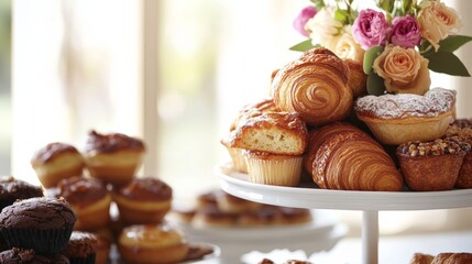 A delectable assortment of freshly baked pastries, including croissants, muffins