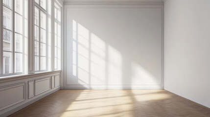 Sunlight streams through large windows, casting shadows on white wall in empty room with light wooden floor. serene atmosphere highlights simplicity and elegance of space