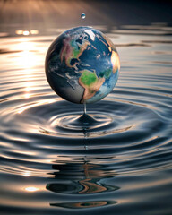 A globe hovers above a body of water, with a water droplet connecting the Earth to rippling waves below. Sunlight glimmers across the surface, creating a serene and reflective scene.AI generated.
