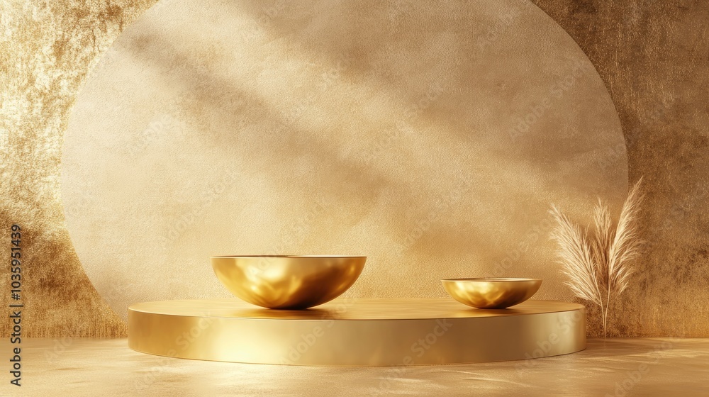 Poster golden backdrop featuring a golden product display podium in 3d rendering