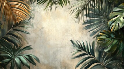 Illustration of a tropical wallpaper design featuring palm leaves and textures Exotic flora set against a textured backdrop Tropical natural art piece