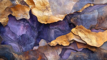 Fototapeta premium Oil painting featuring exquisite abstract rock formations in purple and gold hues highlighting their unique shapes and textures through fine art photography techniques