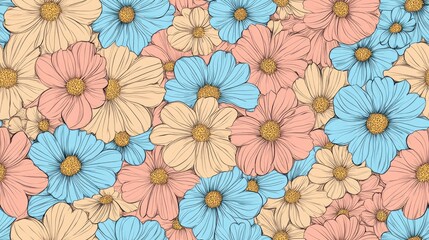 Floral doodle pattern featuring flowers in blue pink and orange hues Soft and delicate floral background
