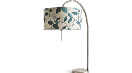 Modern silver table lamp with floral patterned shade.
