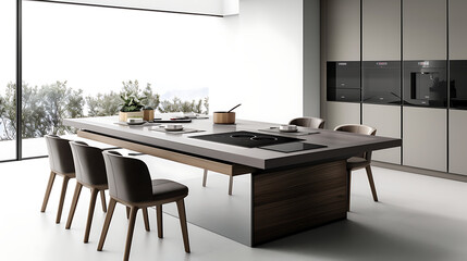 Modern kitchen with an open floor plan and large windows.