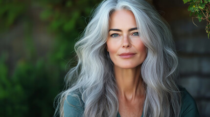 portrait of a woman 40 years old with grey silky hair .