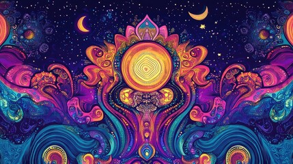 Psychedelic backdrop featuring intricate patterns reminiscent of the 60s designed for captivating layouts and decor in a unique cosmic ambiance hand drawn artwork