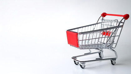 Empty shopping cart with red handle on side position provides copy space for text. background concept isolated white