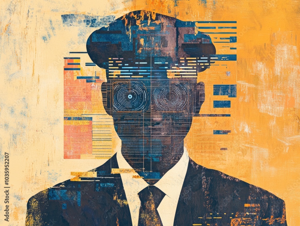 Poster businessman utilizing digital biometric scanning technology for security featuring face detection an