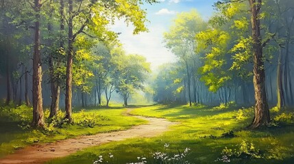 Obraz premium Vibrant oil painting depicting a spring landscape with lush green trees and fresh foliage under a warm and sunny sky