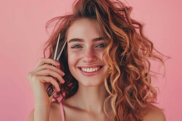 Fototapeta premium close up of a smiling young woman with beautiful hair hold scissors in one hand pink background