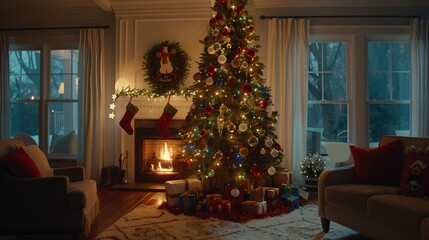 Cozy Christmas Living Room: Decorated Tree with Colorful Ornaments, stockings by the Fireplace, and Festive Ambient Glow