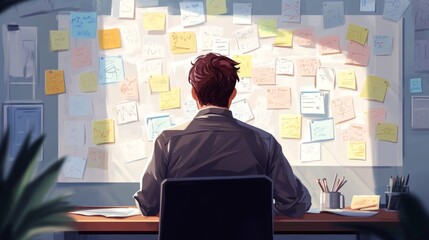 A man is sitting at office and looking at whiteboard covered by sticky notes and sketches of ideas.
