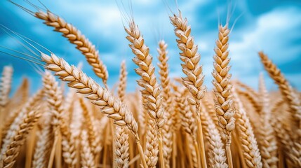 Golden wheat field under a blue sky.