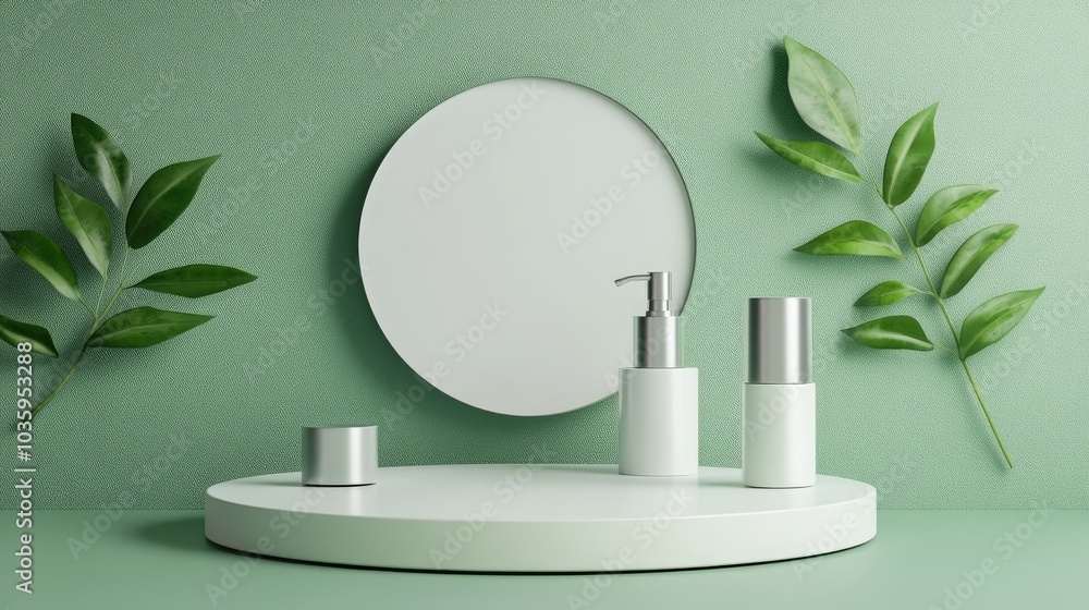 Poster round cosmetic podium with leaves on a green background abstract product display platform 3d rendere