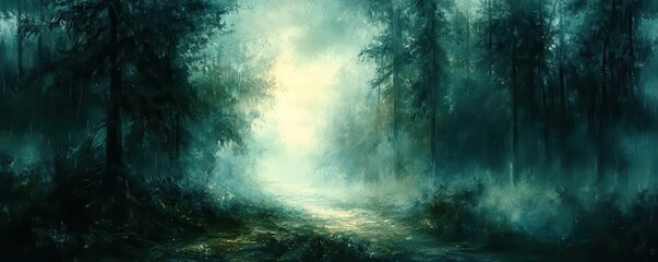 Obraz premium Mystical forest landscape, fantasy element, digital painting, dark greens and blues, isolated on white background