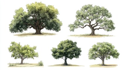Isolated illustrations of oak trees on a white background